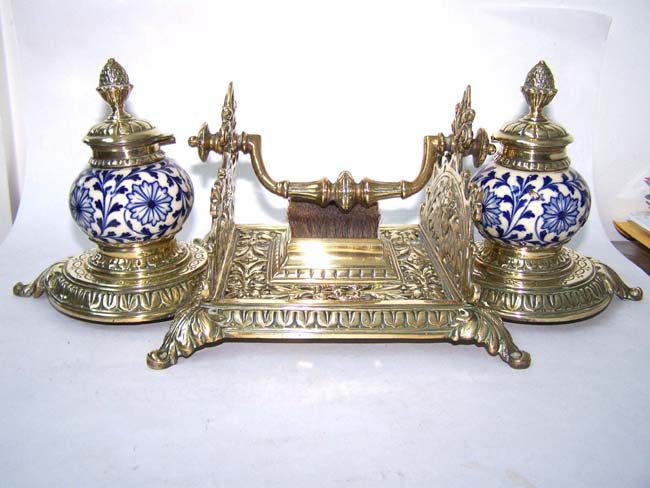 A Beautiful Victorian Brass Instand with two Porcelain Inkwells and a Brush Wipe circa 1875